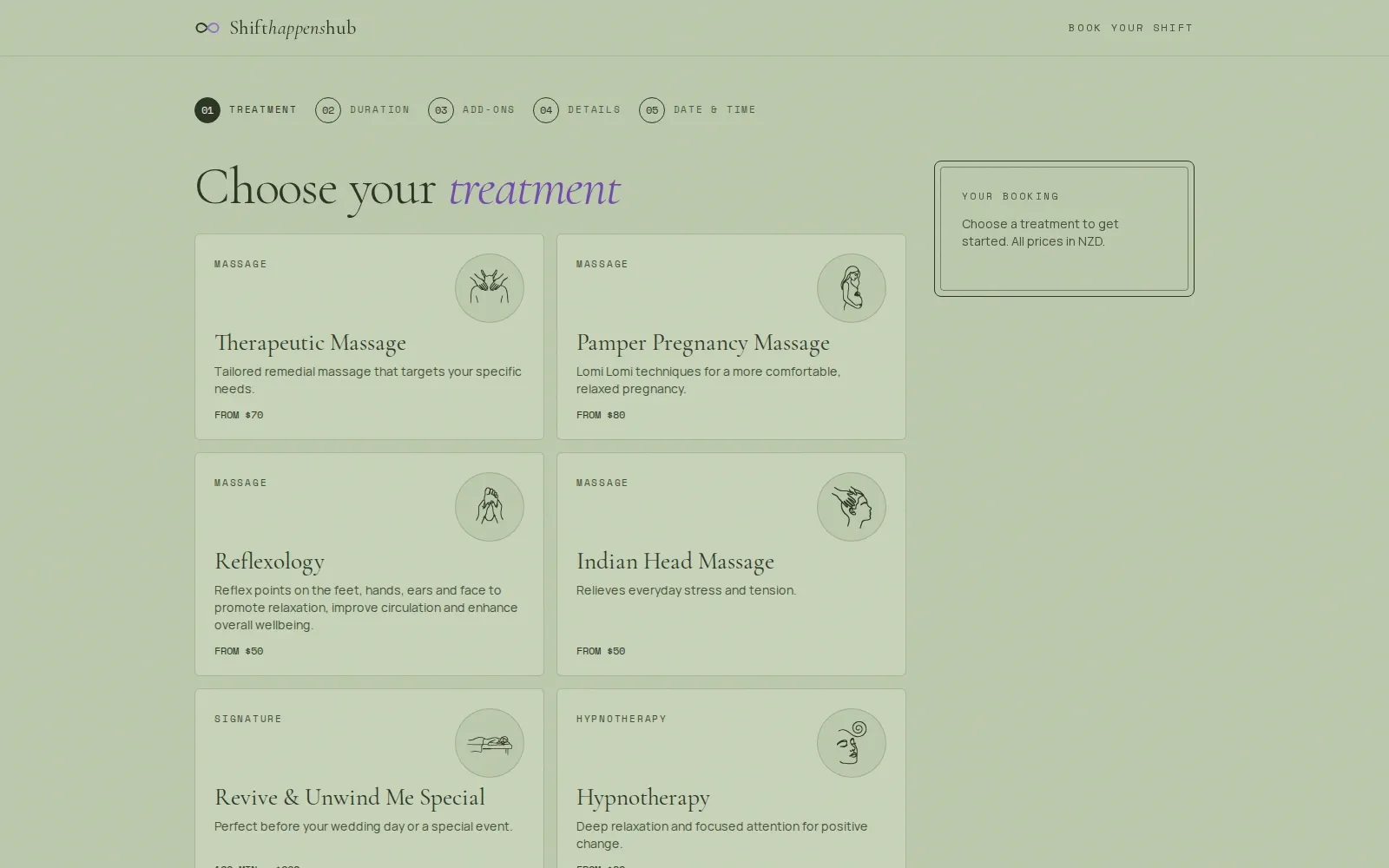 Step one of the booking flow on a laptop: a numbered stepper, the heading "Choose your treatment" and a grid of treatment cards with a line drawing and a starting price each, beside a summary panel.
