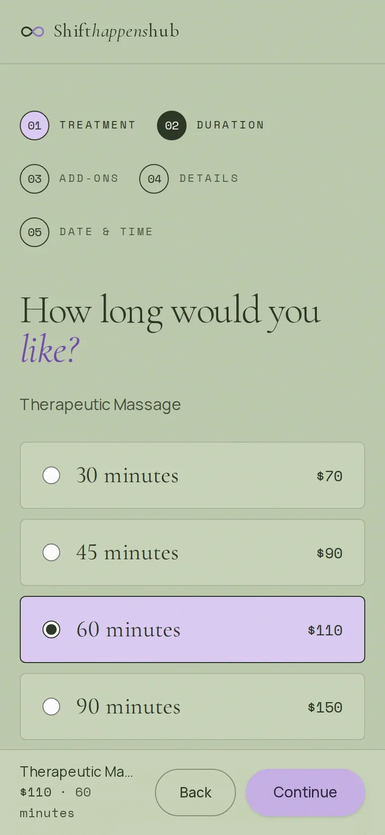 Step two on a phone: the heading "How long would you like?" above four lengths for a therapeutic massage, each with its price, with 60 minutes selected and a bar at the bottom showing the running total.
