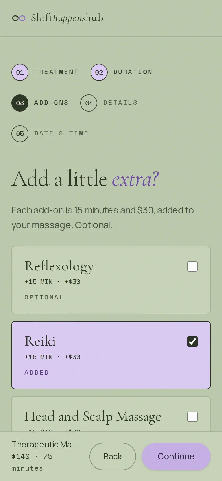 Step three on a phone: the heading "Add a little extra?" above three optional add-ons, reflexology, Reiki and head and scalp massage, with Reiki ticked and marked as added.