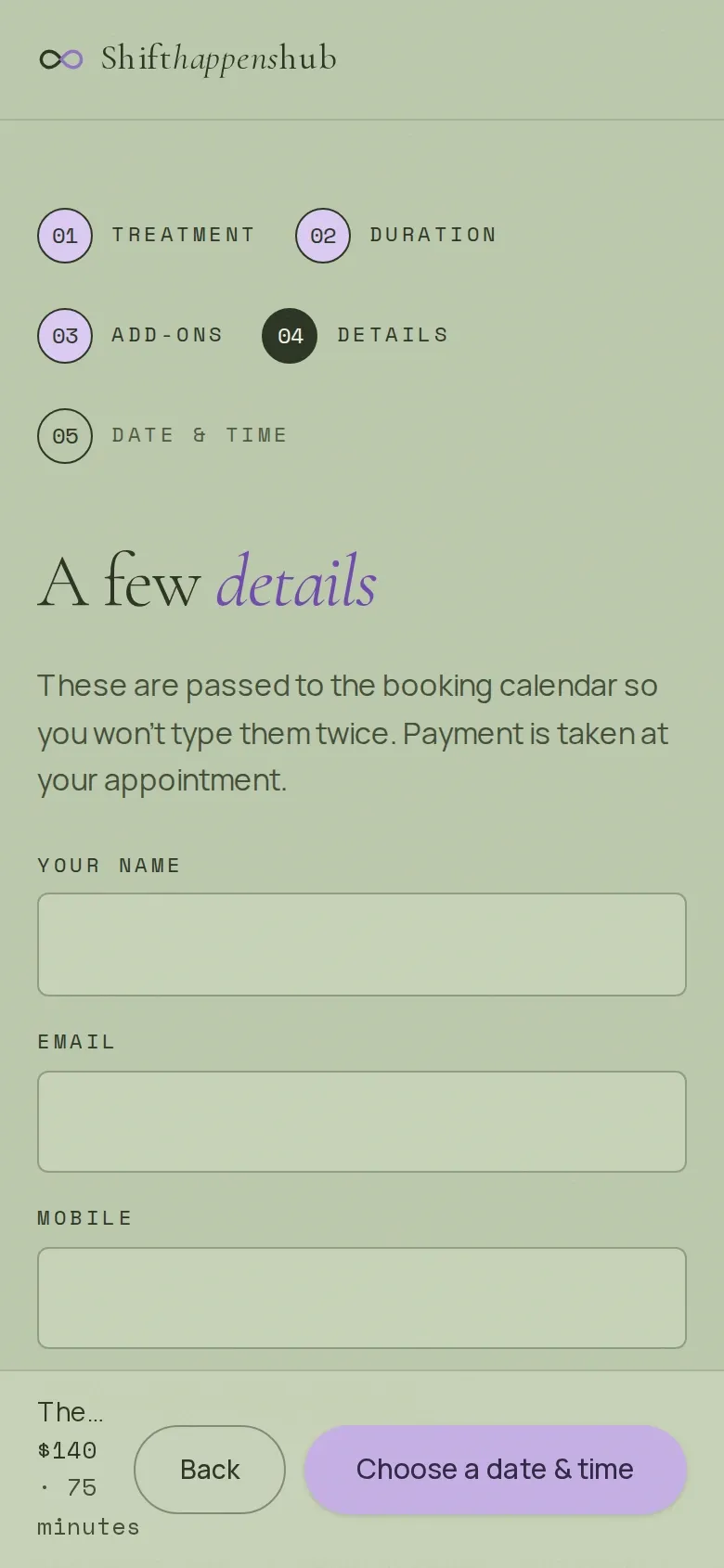 Step four on a phone: the heading "A few details" above fields for name, email and mobile, with a note that payment is taken at the appointment.