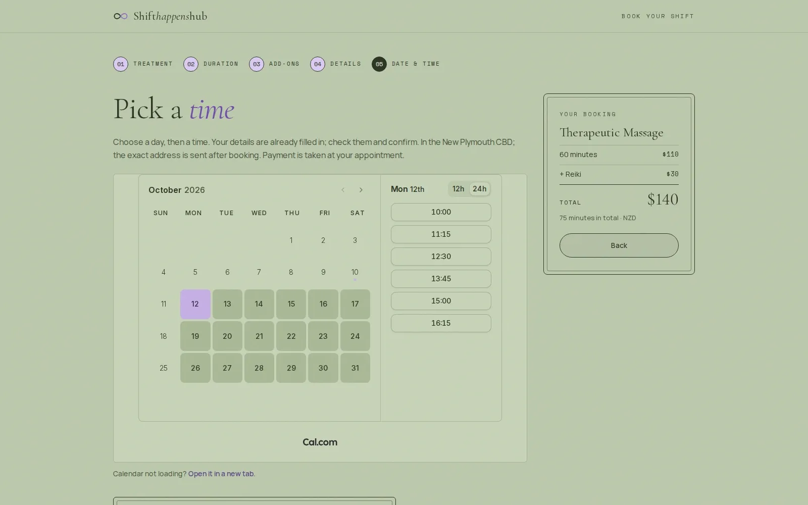 Step five on a laptop: the Cal.com calendar with a Monday selected and six start times listed, beside a summary card showing a 60-minute therapeutic massage with Reiki added and the total in New Zealand dollars.