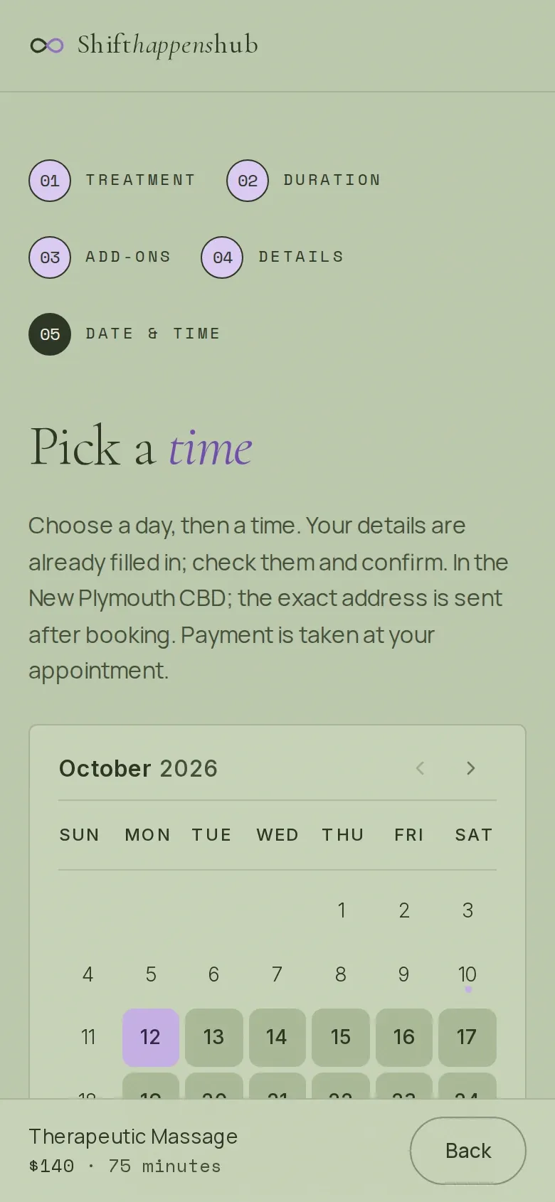 Step five on a phone: the heading "Pick a time" above the Cal.com calendar for October 2026 in the site colours, with the first available day highlighted.