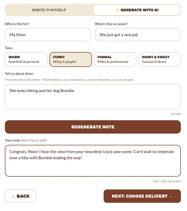 The note writer step of the order flow: fields for who the box is for and the occasion, four tone buttons, a box for details about them, and a drafted note with its character count against the card’s limit.