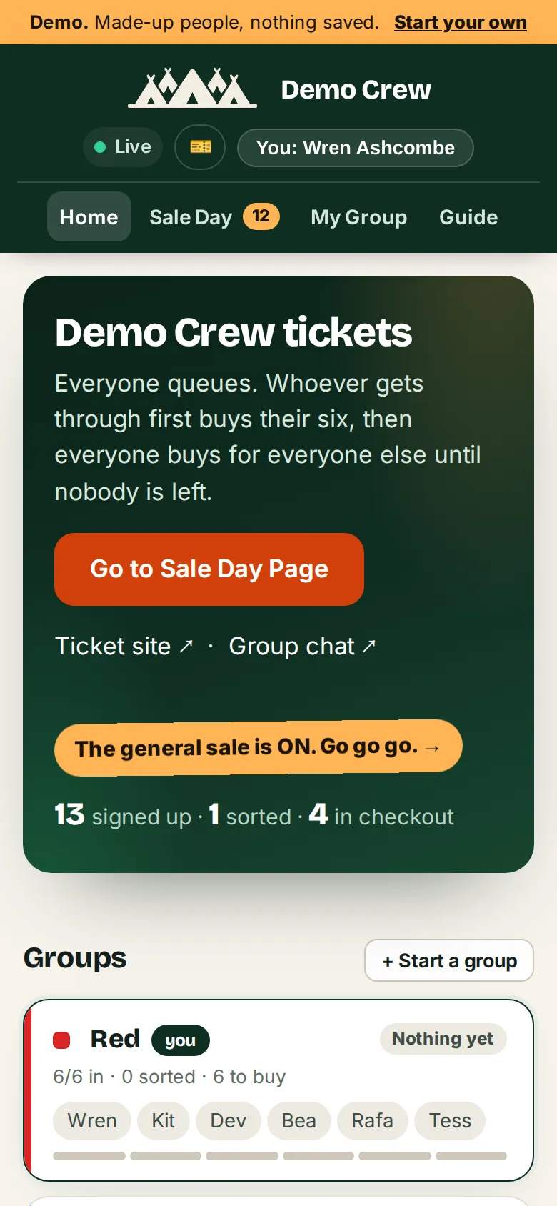 The demo tracker’s home page on a phone: the Demo Crew header, a Go to Sale Day Page button, a banner saying the general sale is on, counts of 13 signed up, 1 sorted and 4 in checkout, and the Red group card listing six names.