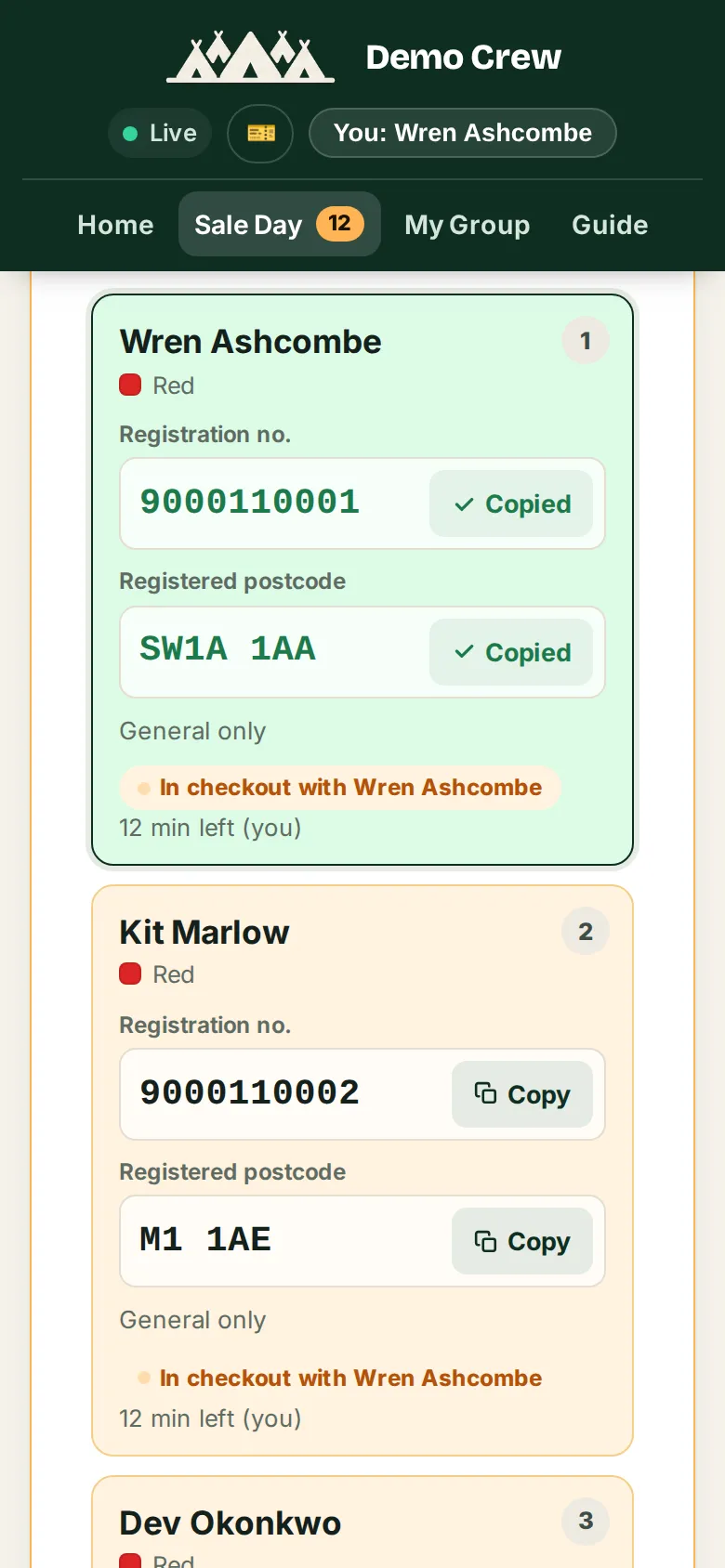 The Sale Day page holding a block: a card for Wren Ashcombe in Red with registration number and postcode both marked Copied and the card turned green, then Kit Marlow’s card with Copy buttons, each saying In checkout with Wren Ashcombe, 12 min left.