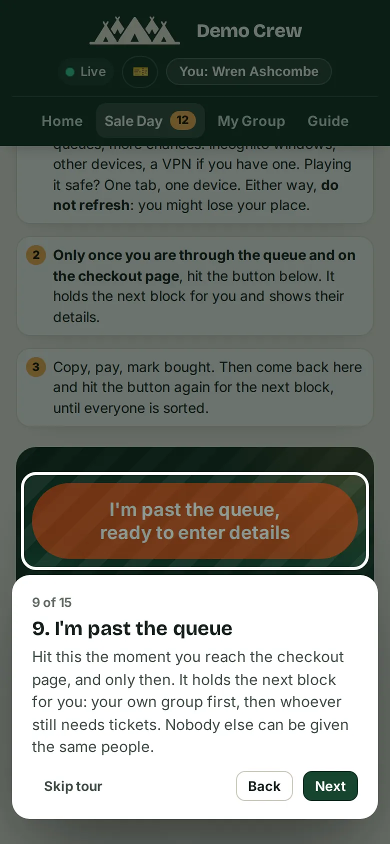 Step 9 of 15 of the walkthrough on the demo: the Sale Day page dimmed, the I’m past the queue button spotlit, and a card explaining to press it only on reaching the checkout page, with Skip tour, Back and Next buttons.