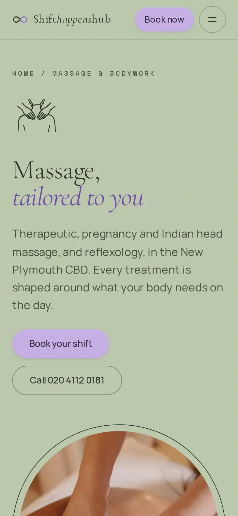 The massage page on a phone: the heading "Massage, tailored to you", a short introduction, a Book your shift button and a Call button.