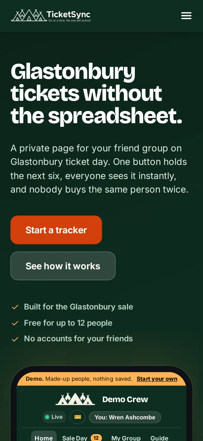 TicketSync home page on a phone